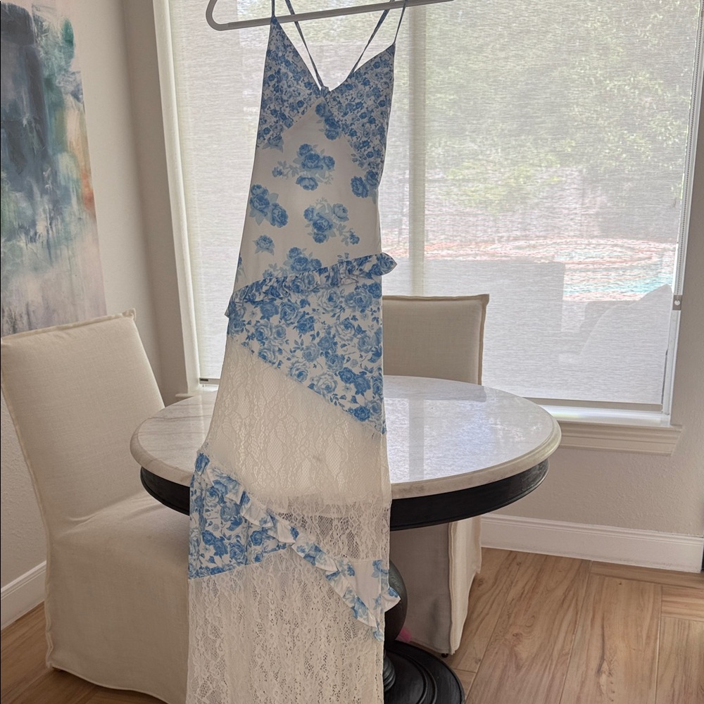 Blue Floral Lace Maxi Slip Dress
